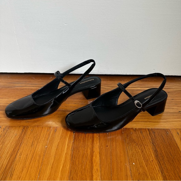 Reformation Black Patent Slingback Block Heel Pumps
